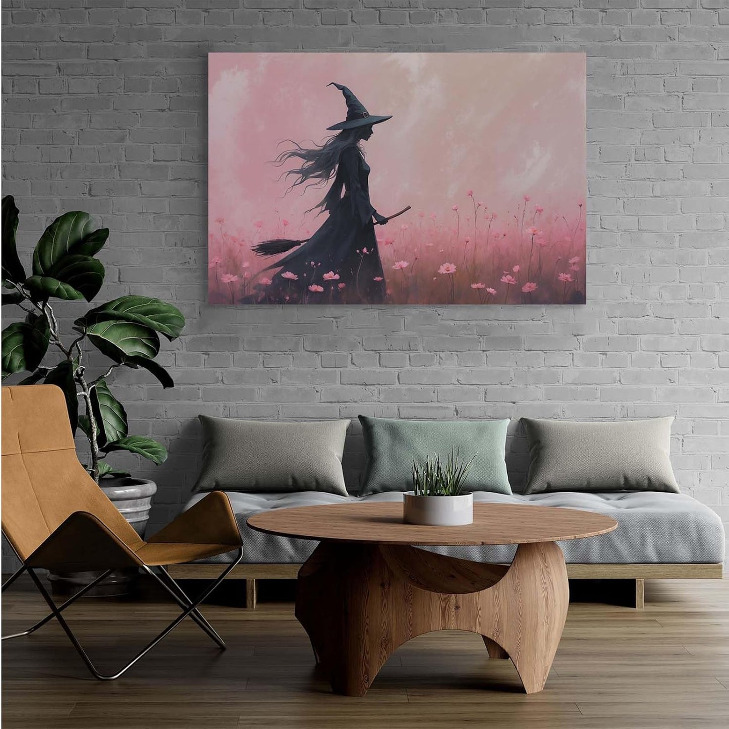 JFHCQJPK Witch in the pink sea of flowers Halloween prints weird flowers wall art silhouette painting fashionable romantic decoration suitable for bedroom20x30in Frameless