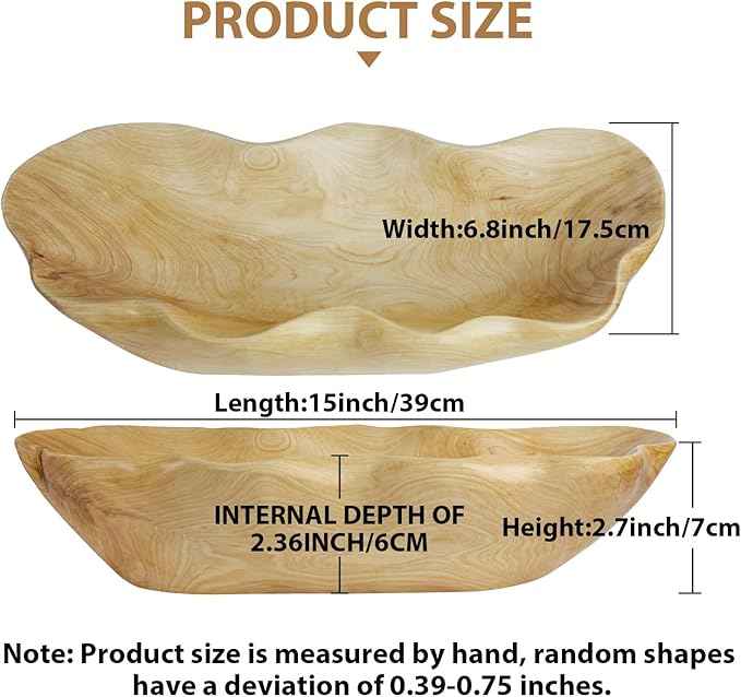 BTEOBFY Wooden Fruit Bowl Handcrafted Wood - Natural Fruit Basket for Kitchen Counter Display, Decorative Bowl for Apples, Oranges, Pineapples (15 Inch)