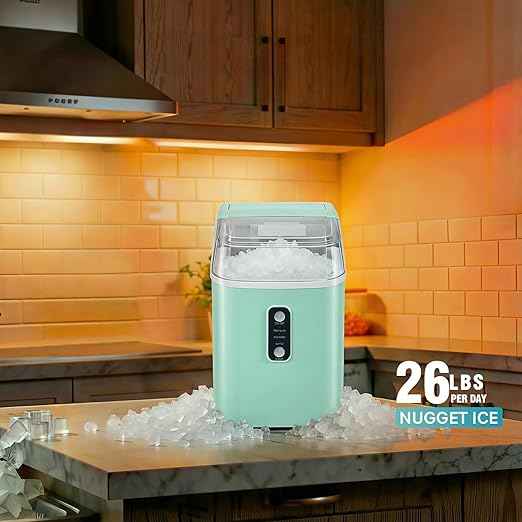 NEWBULIG Nugget Ice Makers Countertop, Portable Nugget Ice Machine, Ready in 6 Mins, 24lbs in 24Hrs, Auto-Cleaning, with Basket and Scoop, for Home, Kitchen, RV, Camping, Green