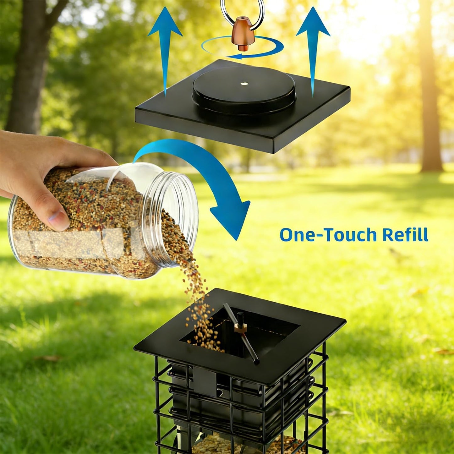 KRUOO Heavy Duty Metal Squirrel Proof Bird Feeder, 2.5LB Large Capacity, Weather Resistant, Easy Refill & Clean, Hanging Wild Bird Feeder