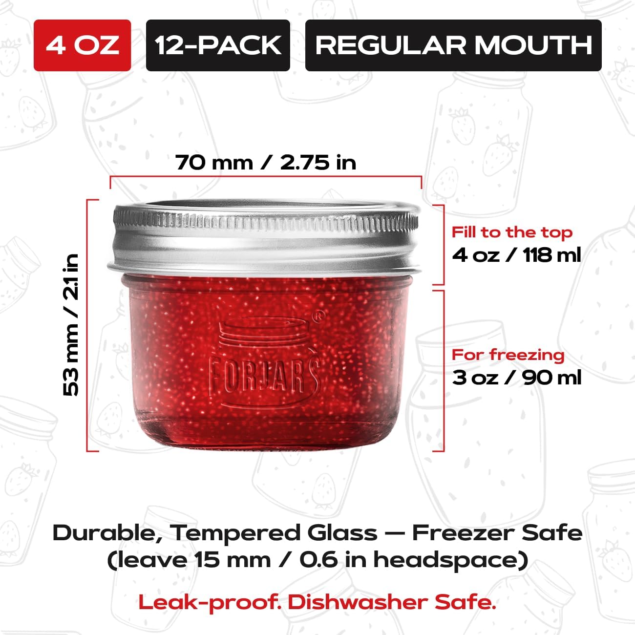 FORJARS® Premium Mason Jars with Lids – 4oz | Regular Mouth Canning Jars | 12-Pack Glass Jars for Jam, Jelly, Honey, Spices, Desserts, Sauces, Food Storage, Freezer Safe, Airtight Bulk Set