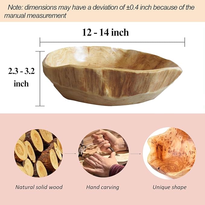 Wooden Bowl Decorative Natural Wood Fruit Bowls, Irregular Creative Wood Bowl, Rustic Hand Carved Candy Snack Keys Serving Bowls for Home Decor (12"-14" Diameter)