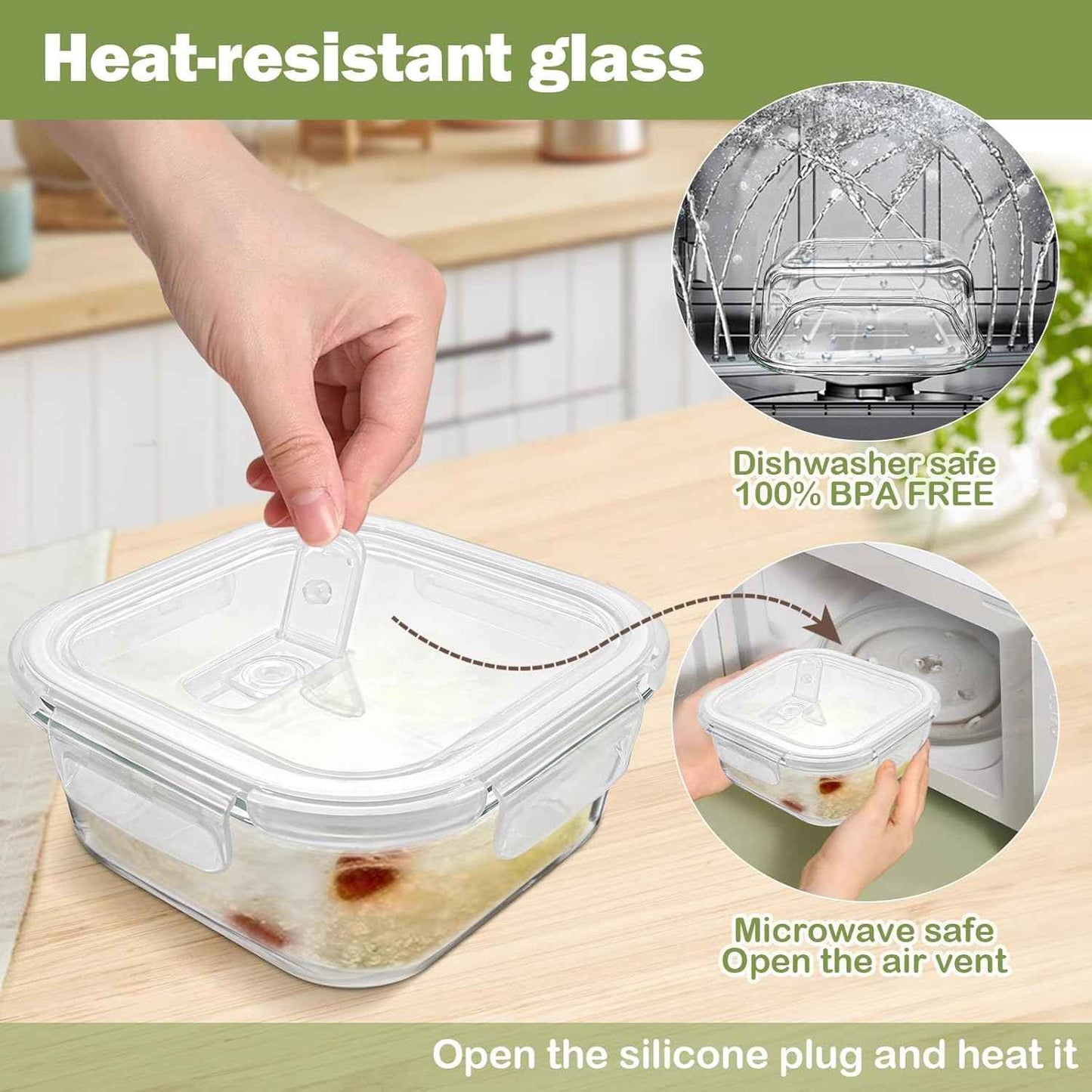 Square Glass Containers with Lids 24oz - Borosilicate Glass Food Storage Set 3 Cup, Freezer Safe Meal Prep Containers, Sandwich Lunch Box, Yogurt Cereal Bowls with Vented Lids BPA Free 4 Pack