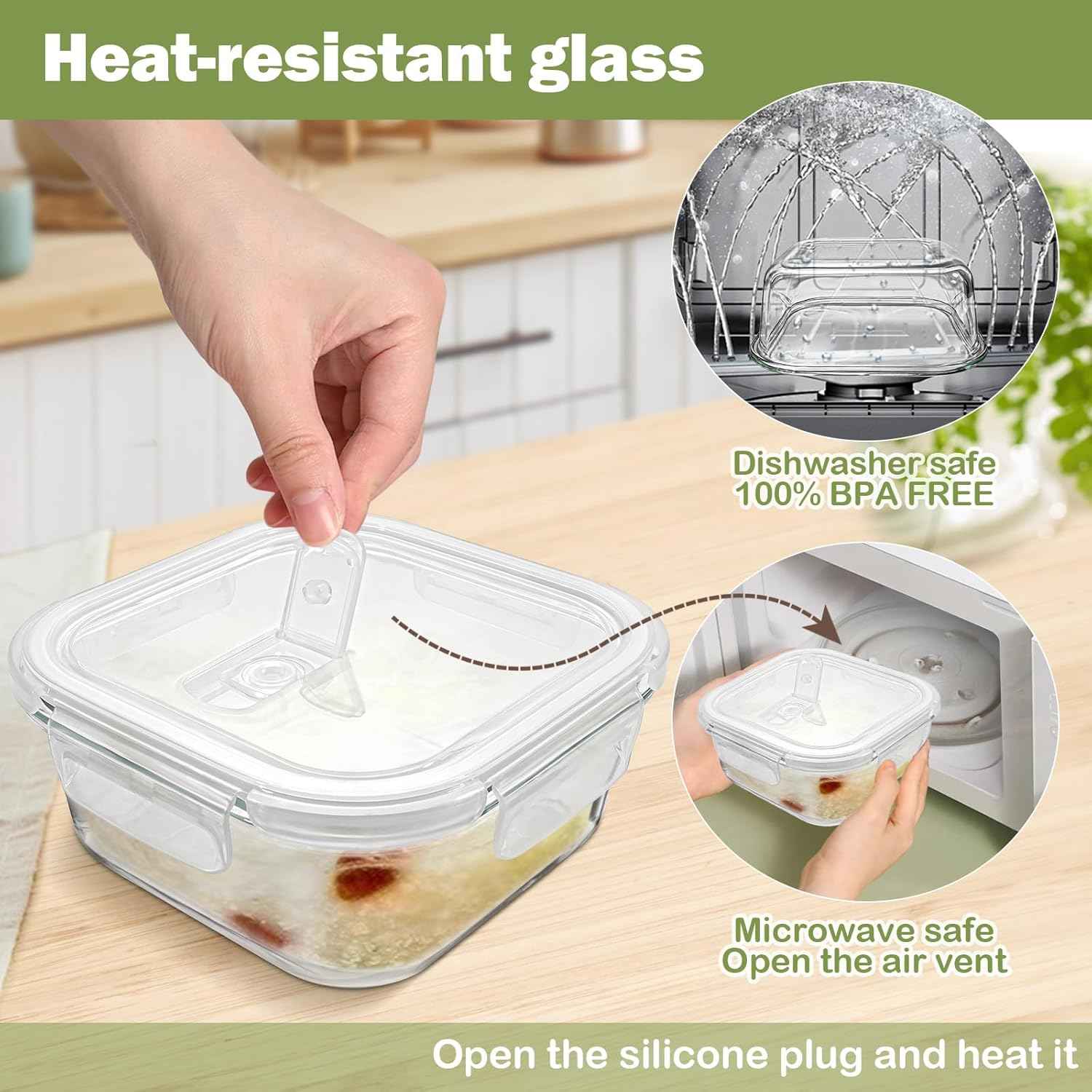 Square Glass Containers with Lids 24oz - Borosilicate Glass Food Storage Set 3 Cup, Freezer Safe Meal Prep Containers, Sandwich Lunch Box, Yogurt Cereal Bowls with Vented Lids BPA Free 4 Pack