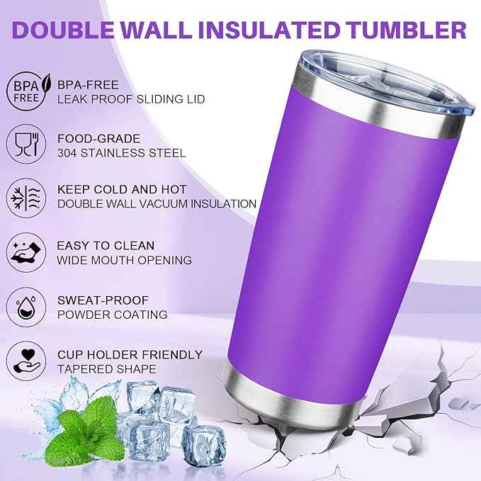 20oz Tumbler with Lid Double Wall Vacuum Insulated Travel Coffee Mug Stainless Steel Thermal Cup Powder Coated Sturdy Coffee Tumbler for Hot and Cold Beverage (Purple,1)