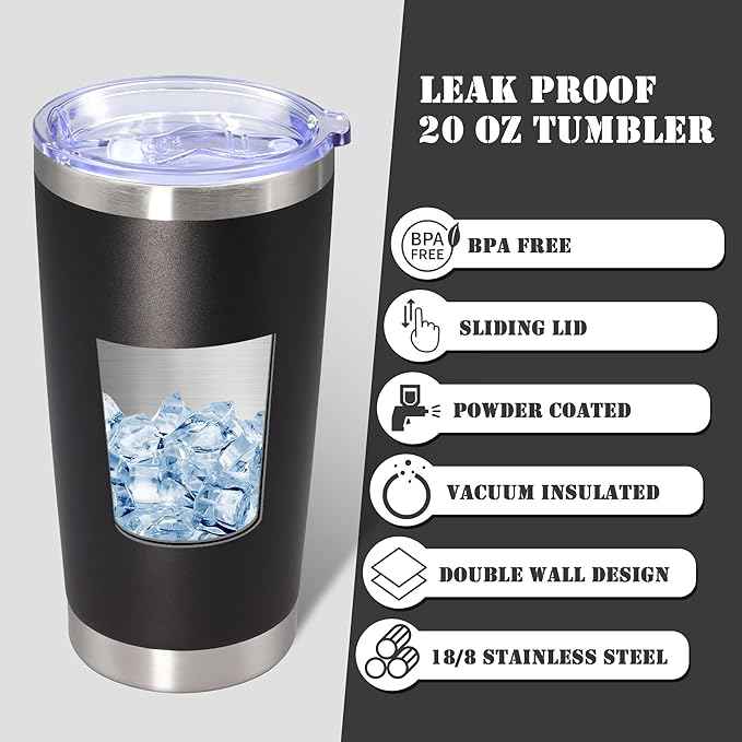 20 oz Tumbler with lid Double Wall Vacuum Insulated Tumblers Stainless Steel Coffee Mug Travel Coffee Tumbler Powder Coated Tumbler Cup Keep Hot&Cold - (Black 12 Pack)