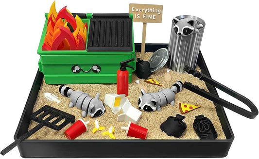 Dumpster Fire Zen Garden for Desk Decor with Mini Dumpster Fire Raccoon, Dumpster Zen Garden, Stress Relief Funny Gifts for Coworkers, Birthday,Office Desk Accessories