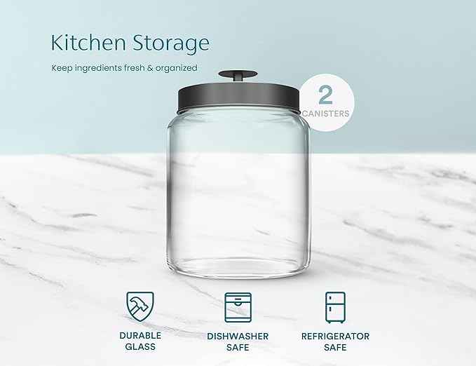 KooK Glass Kitchen Canister Set, Food & Storage Containers for Pantry, Bathroom Apothecary Jars, Tinplate Lids, Counter Organizers, 0.74 Gallon, Black, Set of 2