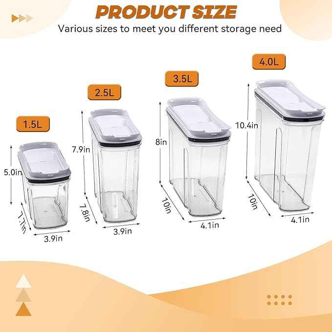 Cereal Containers Storage Set, Airtight Food Storage Container with Lid 4L/135.2oz,4PCS BPA-FREE Plastic Pantry Organization Canisters for Rice Cereal Flour Sugar Dry Food in Kitchen