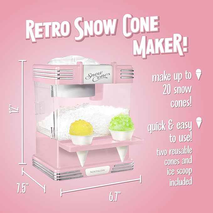 Nostalgia Retro Snow Cone Maker – Countertop 5-qt Shaved Ice Machine – Stainless Steel Blades – Includes 2 Reusable Cups, Ice Scoop, & Sid Shelf – Pink