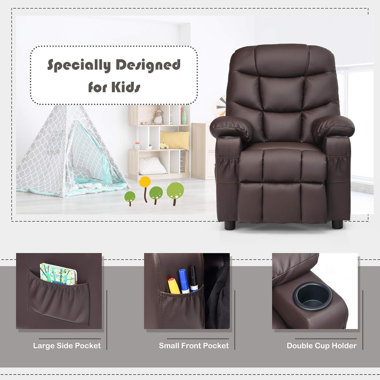 Costzon Kids Recliner Chair with Cup Holder, Adjustable Leather Lounge Chair w/Footrest & Side Pockets for Children Boys Girls Room, Ergonomic Toddler Furniture Sofa, Kids Recliner (Brown)