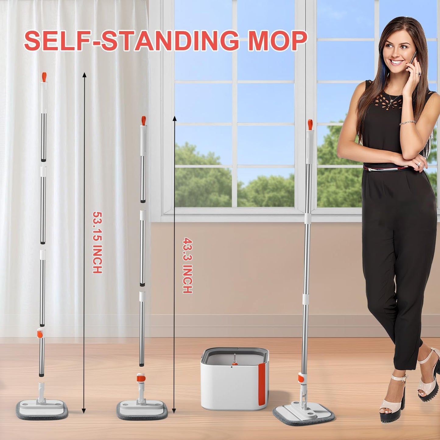 Mop and Bucket Set, Spin Mop with Self Seperates Dirty Water System, Square Mops for Floor Cleaning, 360 Rotating Foldable Standing Mop Head, Versatile Mops for Walls (Mop Bucket with 2 Pads)