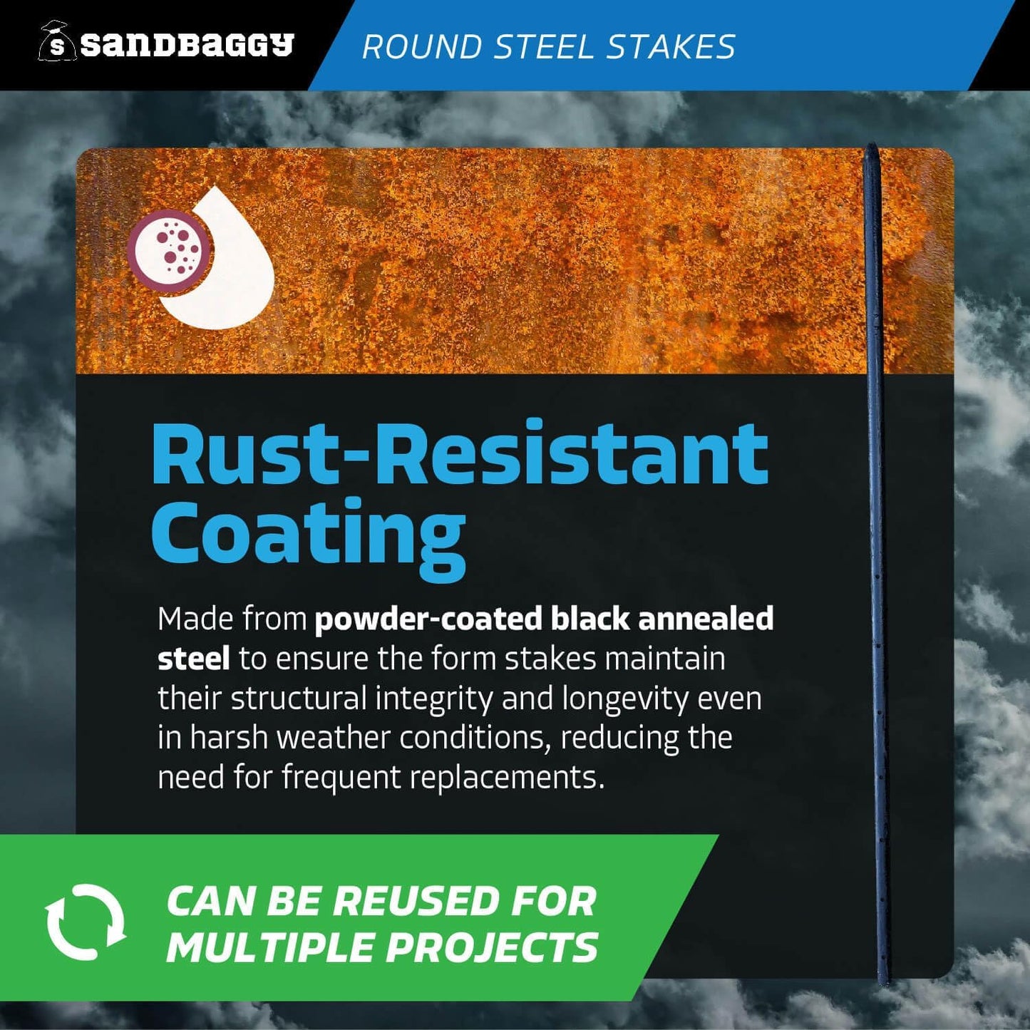 Sandbaggy Round Steel Concrete Form Stakes with Nail Holes - Rust Resistant Coating - Removable, Reusable (5, 3/4 in X 36 in)