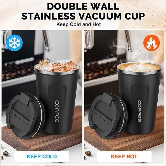 MOMSIV 12oz Travel Mug, Insulated Coffee Cup with Leakproof Lid, Vacuum Stainless Steel Double Walled Reusable Tumbler for Hot and Cold Water Coffee and Tea In Travel and Car Black