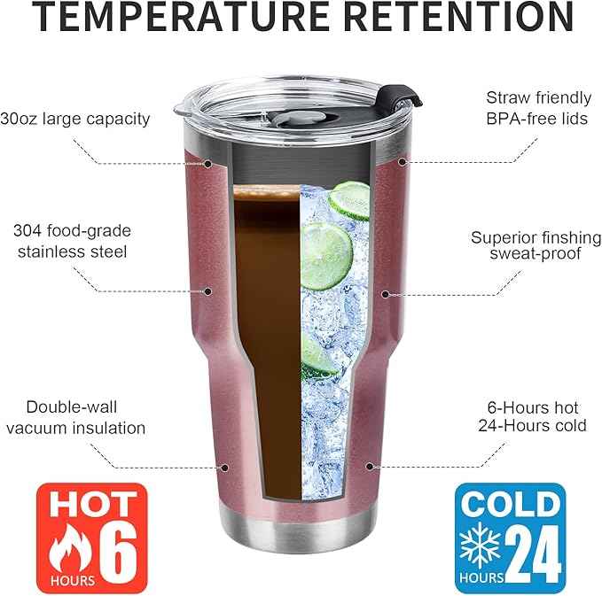 30 oz Tumbler with Lids and Straws Double Wall Vacuum Insulated Tumbler Cup,Stainless Steel Leak-proof Thermal Tumbler Travel Coffee Mug for Cold and Hot Drinks,Rose Gold
