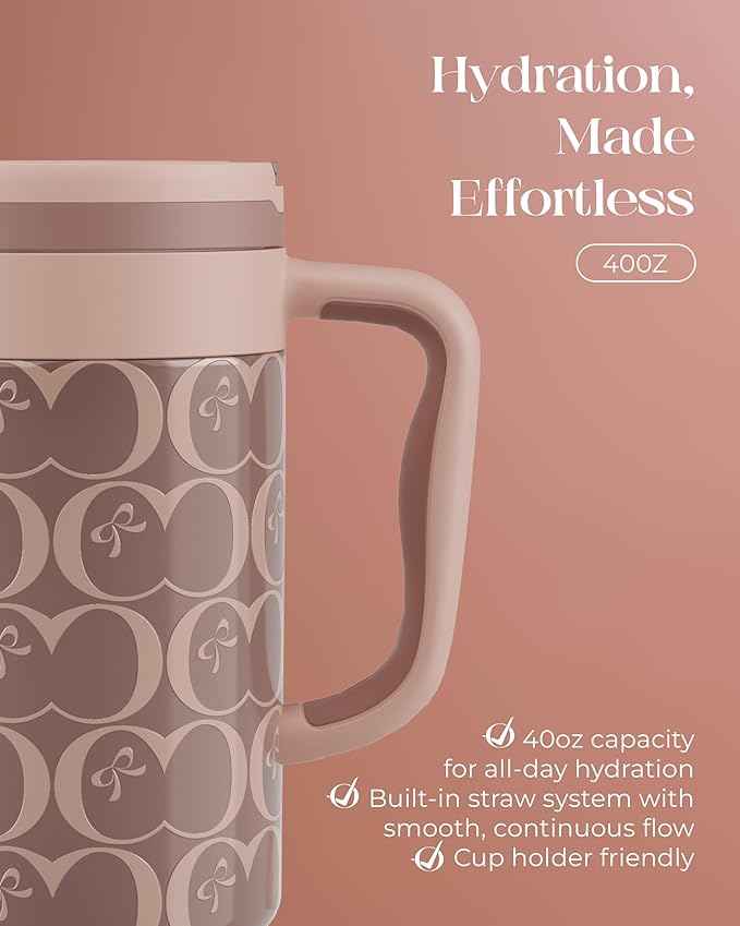 40 oz Insulated Tumbler with Handle and Push-Button Straw Lid, Stainless Steel Travel Cup for Gym Office, Leakproof, BPA-Free, Cup Holder Friendly, Bow Silicone Boot, Brown (C’ Espresso)