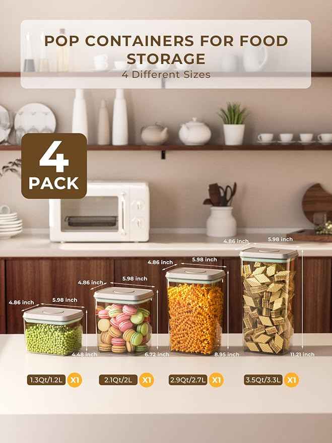 Pop Storage Set – 4 Pack Airtight Food-Grade Containers with Lids, BPA-Free, with Measurement Marks for Flour, Sugar, Pantry Organization