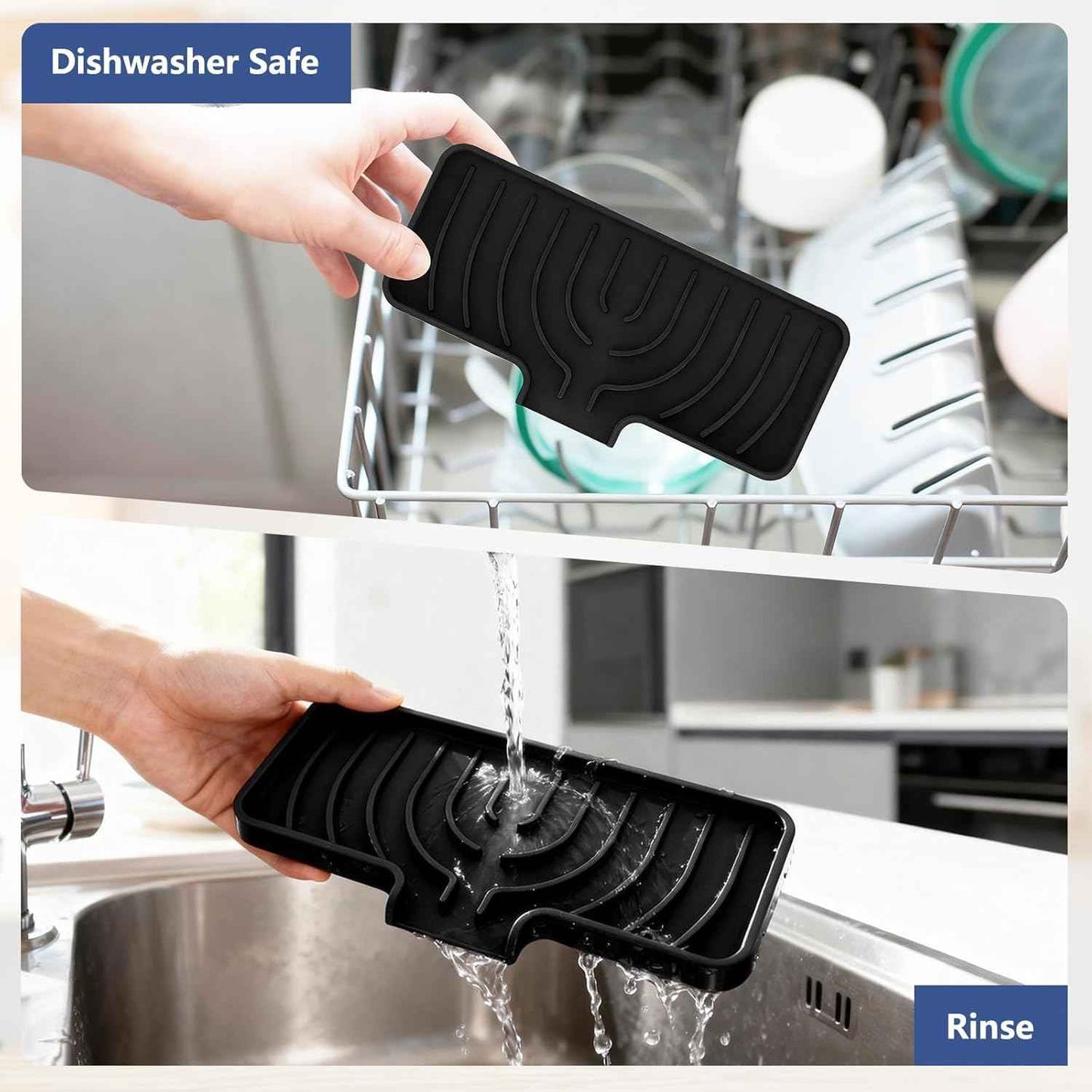 Silicone Sponge Holder for Kitchen Sink With Drain Spout, Self Draining, Kitchen Soap Tray, Bathroom Organizer, Sink Caddy (Black, 10×4)