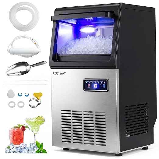 COSTWAY Commercial Nugget Ice Maker Machine, 90 Lbs/24H Chewable Pellet Ice, 10 Lbs Storage Bin, Self-Cleaning, Under Counter Soft Sonic Ice Machine for Office Kitchen Bar Cafe, Stainless Steel