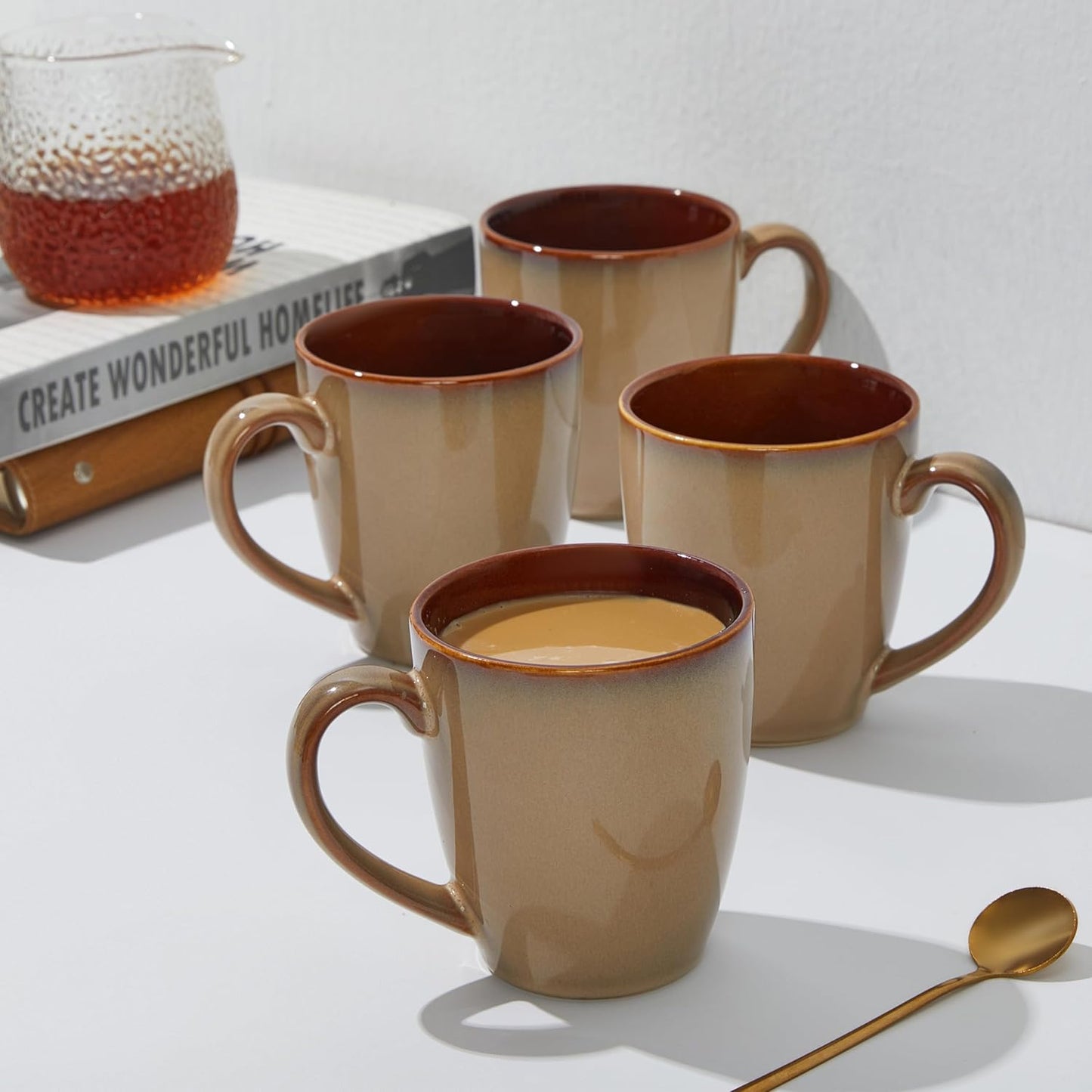 Coffee Mug 16 oz, Ceramic Coffee Mugs Set of 4, Reactive Glaze Mug for Latte/Tea/Cappuccino, Large Stackable Mug Set for Men, Women, Dad, Mom, Dishwasher & Microwave Safe, Brown Yellow