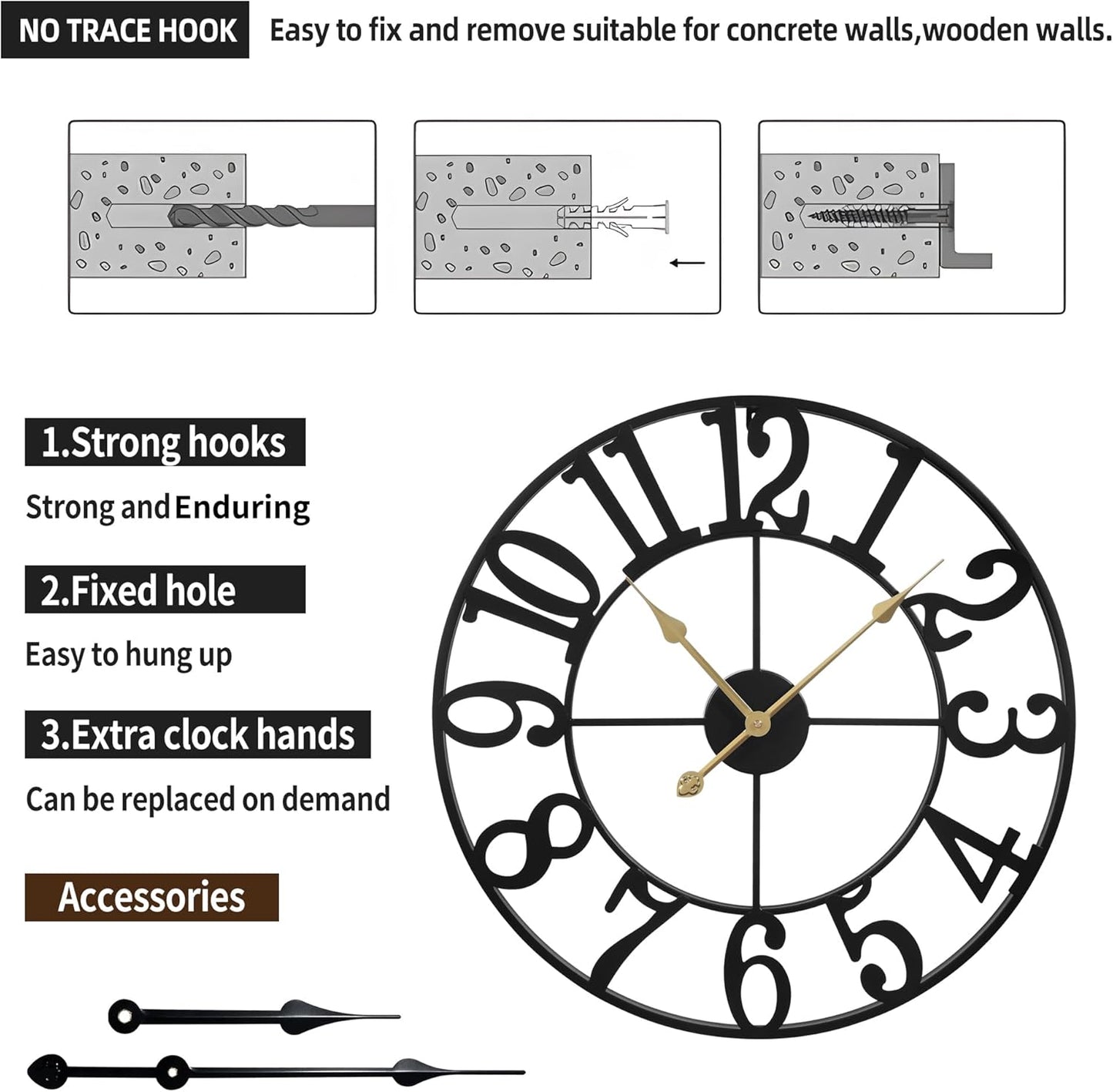 1st owned Oversized Wall Clock for Living Room Decor - 40 Inch Silent Non-Ticking Wall Clocks Battery Operated, Metal Vintage Retro Decorative Modern Wall Clock for Bedroom, Office, Farmhouse Decor