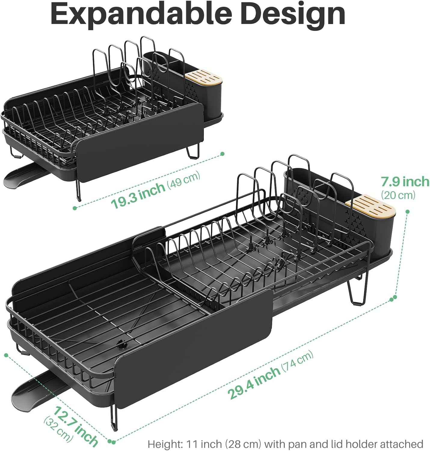 SNTD Large Dish Drying Rack - Expandable (19.3" to 29.4") Dish Rack for Kitchen Counter, Stainless Steel Dish Drainer with Utensil Holder, Pan Holder & Pot Lid Holder (Black)