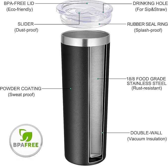 VEGOND Stainless Steel Tumblers Bulk 12 Pack, 20 oz Vacuum Insulated Skinny Tumblers with Lids and Straws, Double Wall Coffee Mug, Travel Water Cup, Black