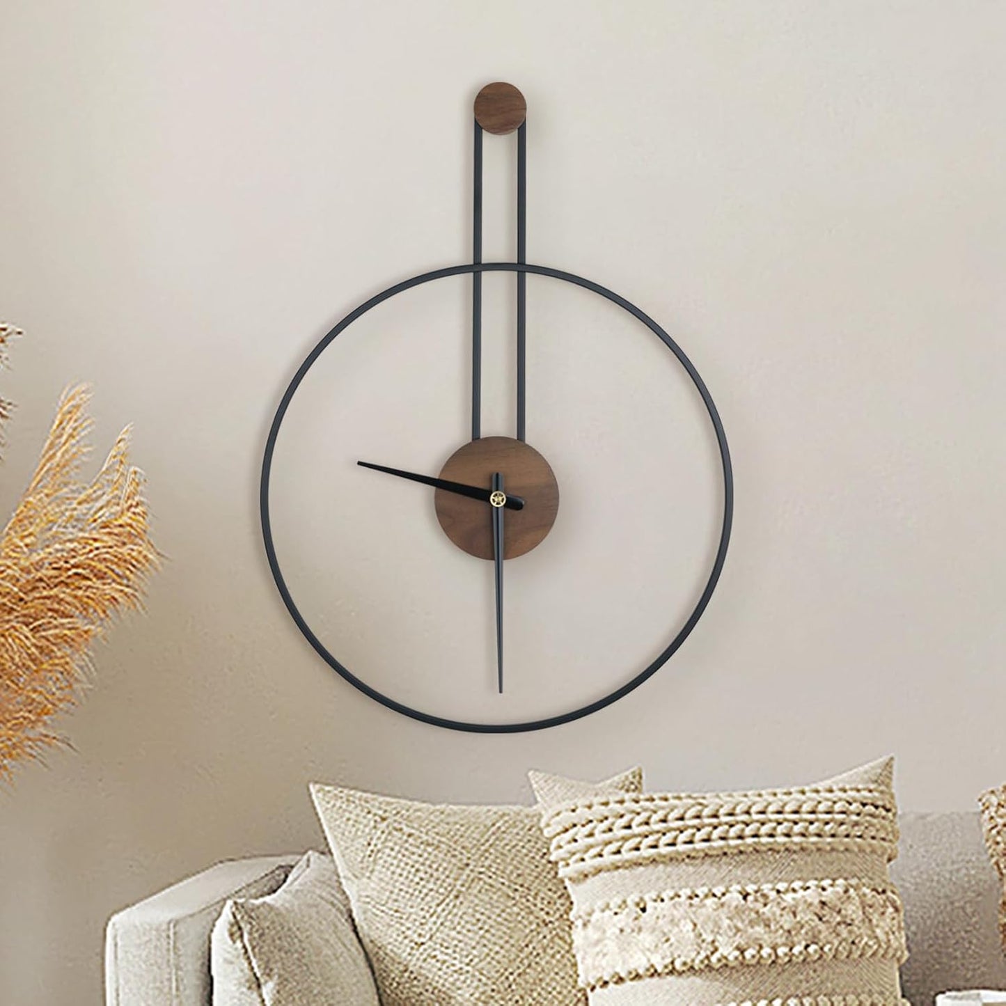 DRELIFAM Modern Wall Clock Large Wall Clocks with Walnut Dial Silent Non-Ticking for Living Room Home Decor Bedroom Kitchen Office 17.8''× 24.4'' (Black, Medium)