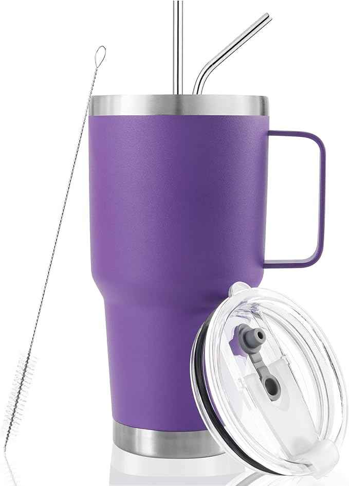 30 oz Tumbler With Handle, Double Wall Stainless Steel Vacuum Insulated Travel Mug with Splash-Proof Lid Metal Straw and Brush (Purple)