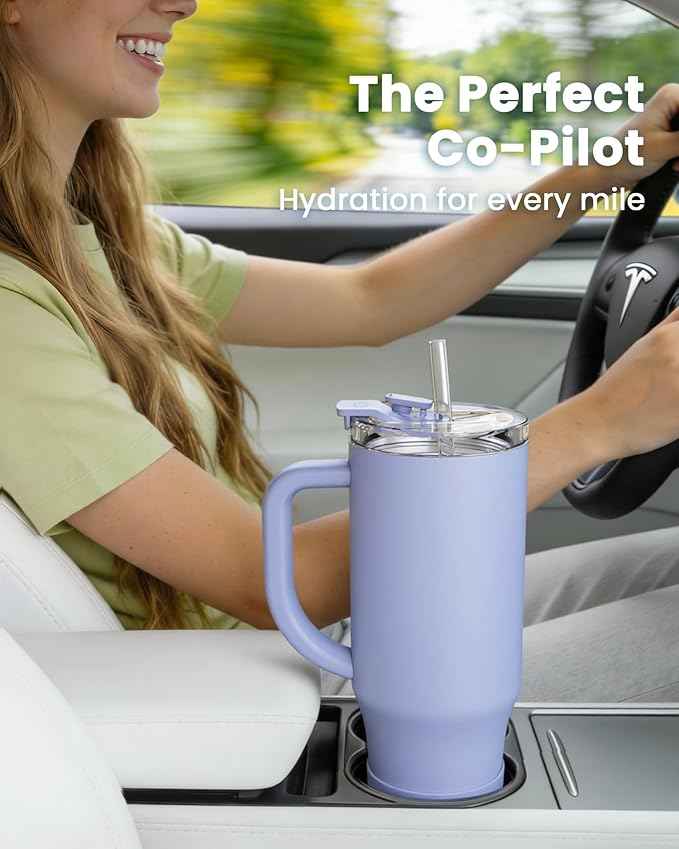 Renoj Insulated Mug 100% Leak Proof Insulated Water Bottle for Iced Coffee & Hot Drinks - Fits Car Cup Holder, Ideal Gift, 2 Straws & Silicone Boot - SnapShift Navy Blue 40 oz