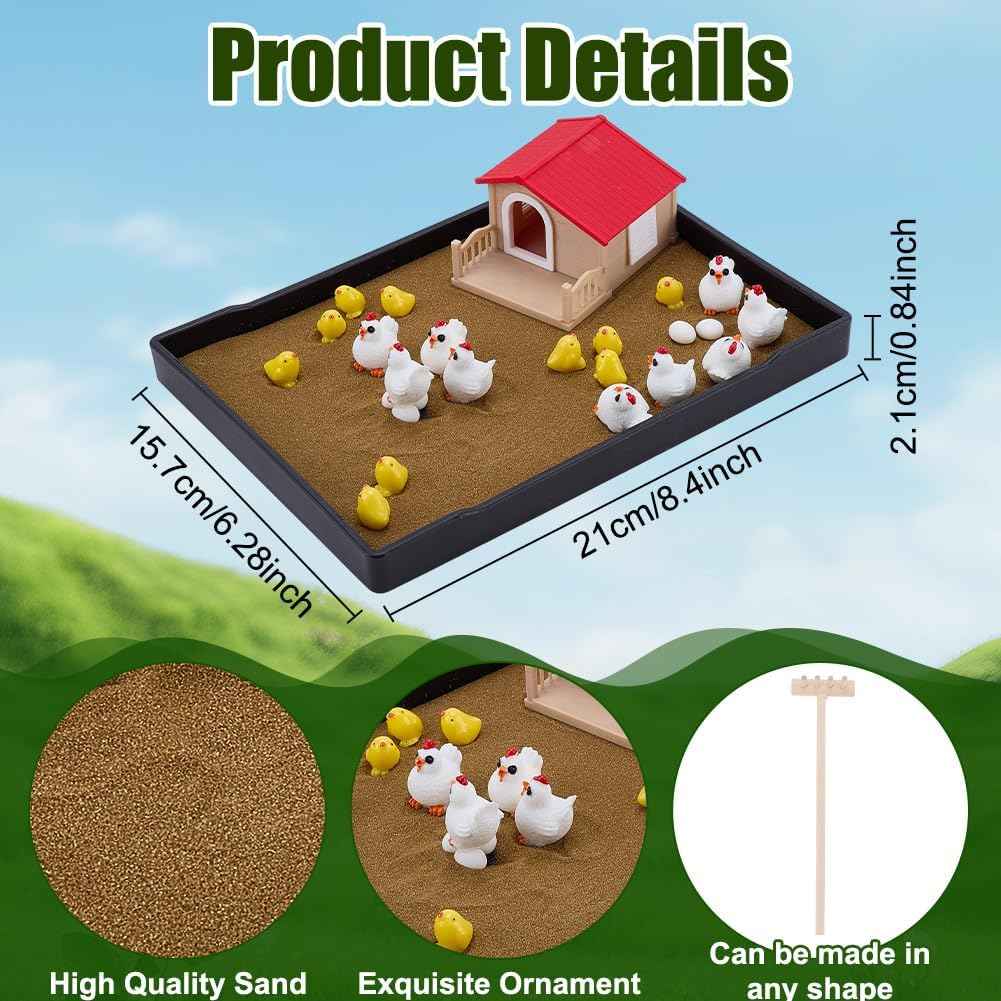WEBEEDY Chicken Zen Garden Kit for Desk, Zen Decor Sand Garden DIY Kit with Chicken, Eggs and Farmhouse Figurines, Funny Tabletop Ornament for Office Home Meditation Gift, 8.3x6.2 Inch
