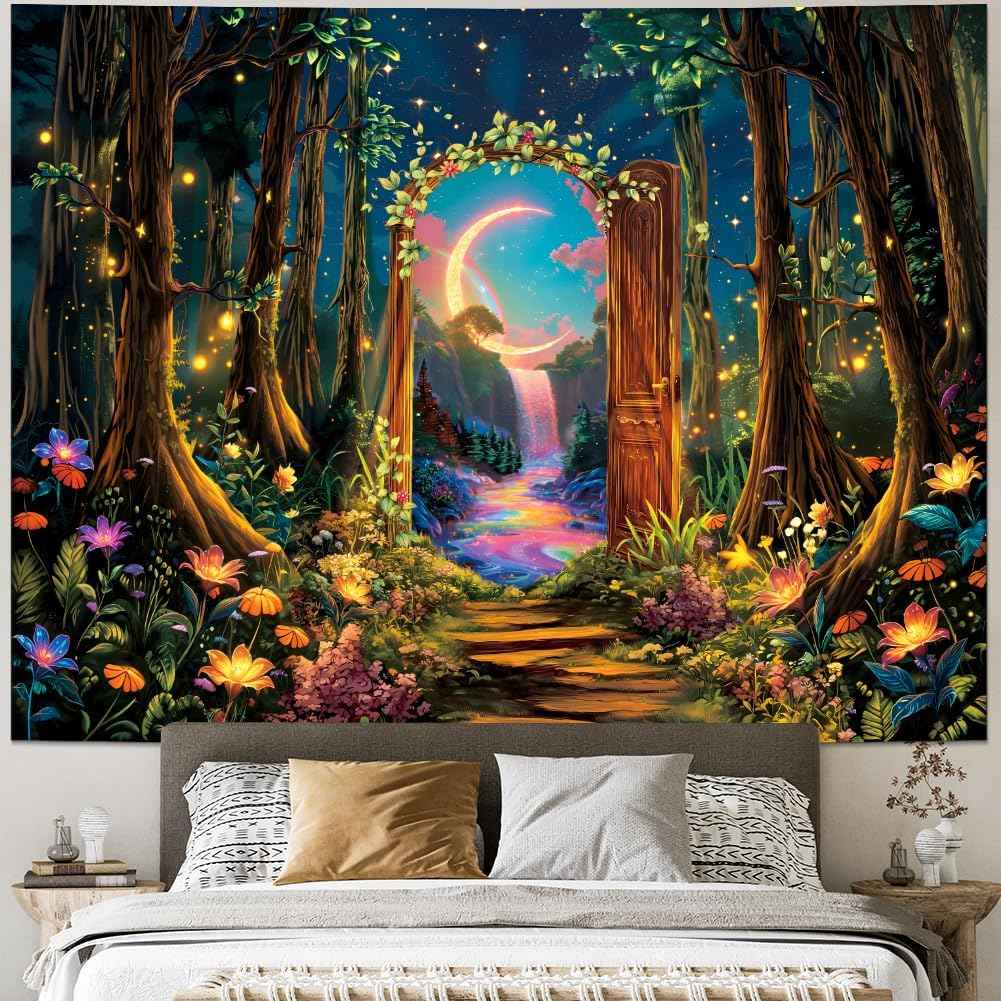Heynvioo Blacklight Forest Tree Tapestry UV Reactive Moon Tapestry Flower Floral Tapestries Fantasy Landscape Tapestries Aesthetic Plant Wall Hanging Decor for Home