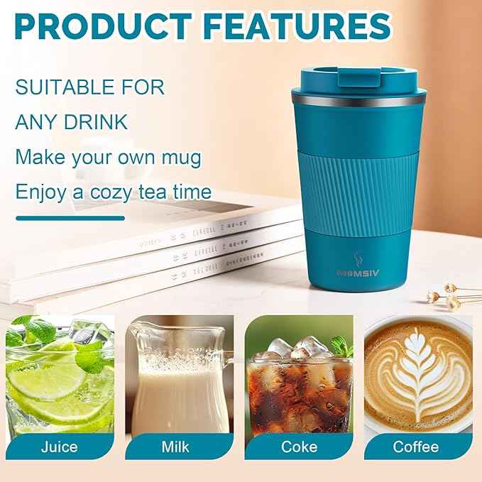 MOMSIV 12oz Travel Mug, Insulated Coffee Cup with Leakproof Lid, Travel Coffee Mug Vacuum Stainless Steel Double Walled Reusable Coffee Cup for Hot and Cold Water Coffee
