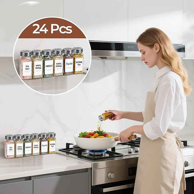 ComSaf Spice Jars with Shaker lids Adjustable, 4oz 24PCS，45 Labels, Comdiment Jars Set, Empty Spice Containers and Square Ingredient Bottles for Kitchen and Seasoning, Bulk Salt and Pepper Shaker Set