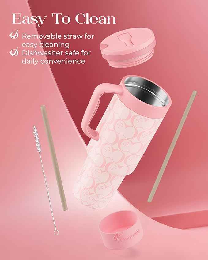 40 oz Insulated Tumbler with Handle and Push-Button Straw Lid, Stainless Steel Travel Cup for Gym Office, Leakproof, BPA-Free, Cup Holder Friendly, Bow Silicone Boot, Pink (C’ Blush)