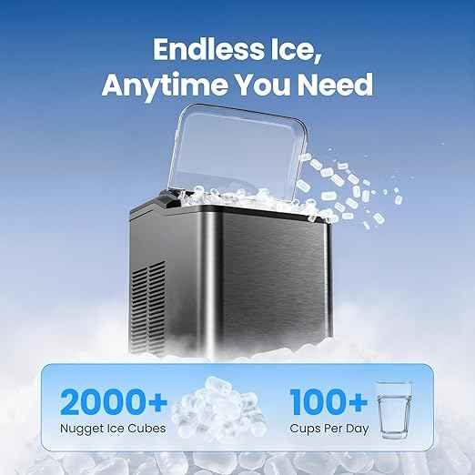 VIBOFROST Nugget Ice Maker Countertop, Fast 35lbs/24H Sonic Pebble Ice Machine, Self-Cleaning Anti-Scale System, Stainless Steel Portable Ice Maker for Home, Kitchen, RV, 10 Cleaning Packets
