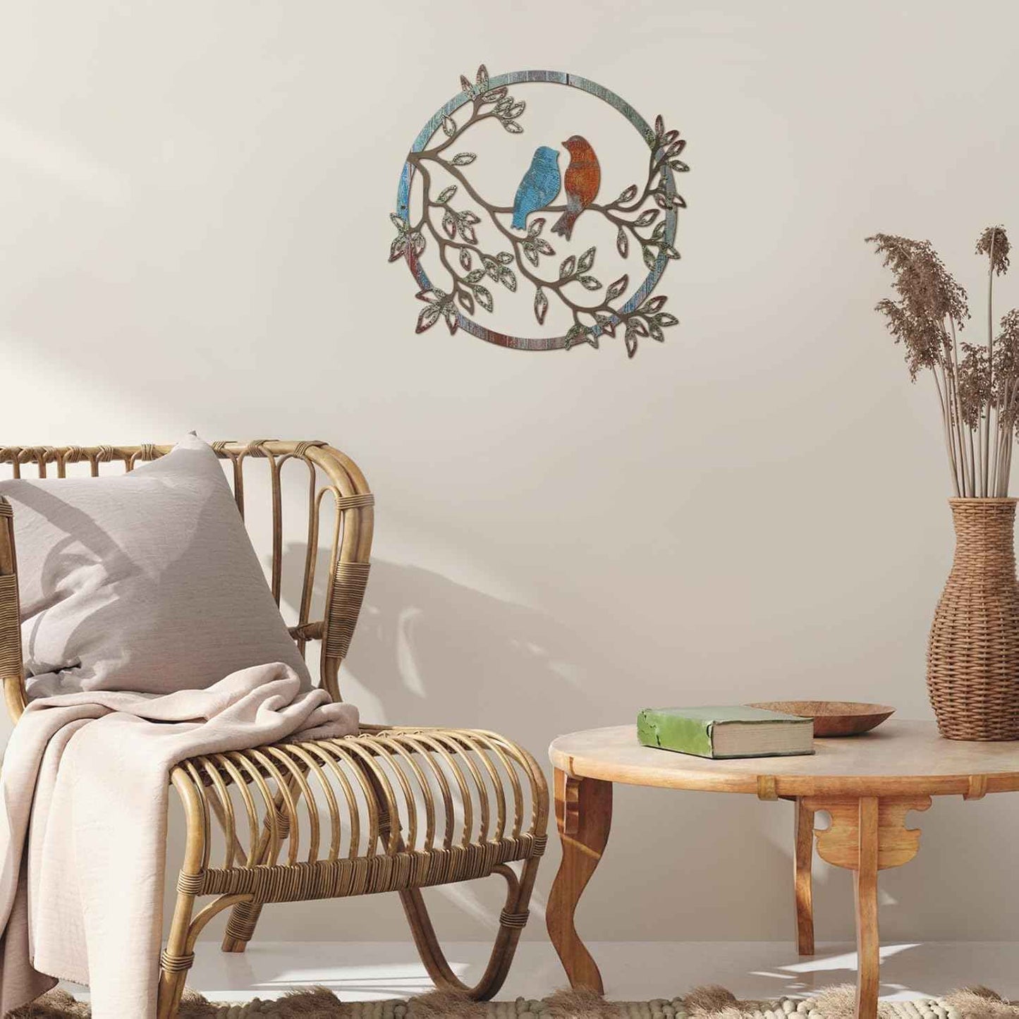 Ferraycle Metal Wall Art Bird on Tree Branch Silhouette Bird Hanging Ornament Porch Wall Decor for Living Room Outdoor Garden Bedroom Office Housewarming Party Decoration(Retro Color)