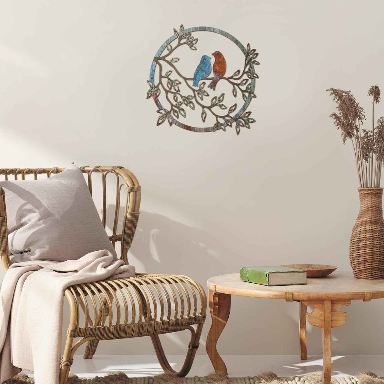 Ferraycle Metal Wall Art Bird on Tree Branch Silhouette Bird Hanging Ornament Porch Wall Decor for Living Room Outdoor Garden Bedroom Office Housewarming Party Decoration(Retro Color)