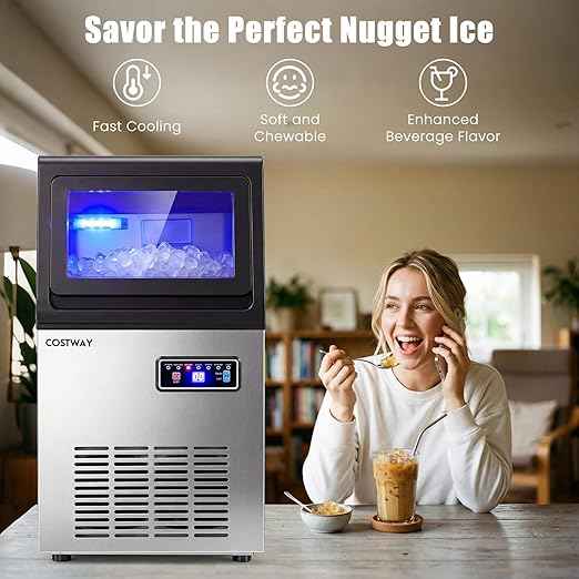 COSTWAY Commercial Nugget Ice Maker Machine, 90 Lbs/24H Chewable Pellet Ice, 10 Lbs Storage Bin, Self-Cleaning, Under Counter Soft Sonic Ice Machine for Office Kitchen Bar Cafe, Stainless Steel