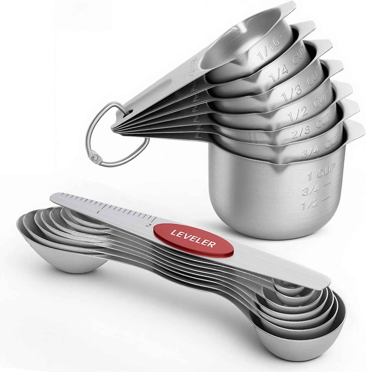 ChefAide Measuring Cups and Spoons Set, 304 Stainless Steel Measuring Cups Set of 7,8 Magnetic Stainless Steel Measuring Spoons & 1 Leveler for for Measure Dry and Liquid Ingredients