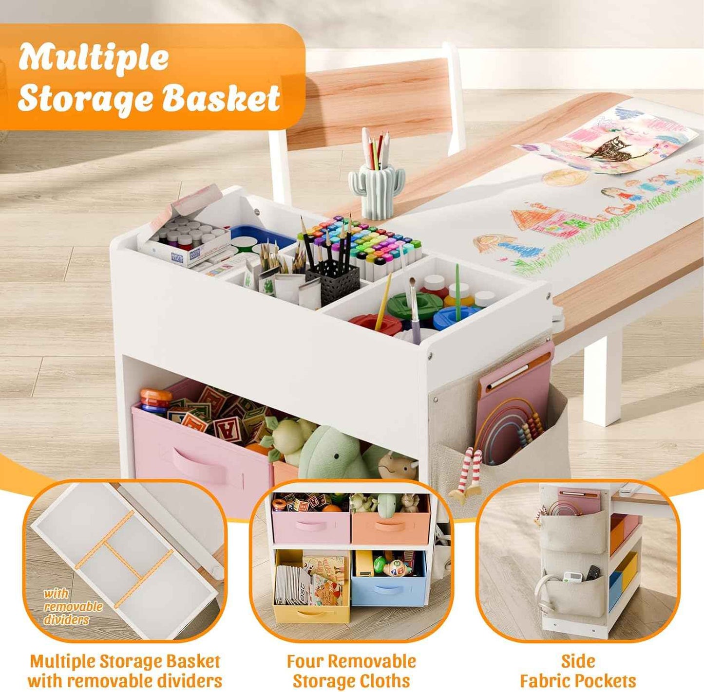IKALIFE Kids Art Table and Chair - Toddler Craft Table and Chairs Set with 2 Chair & Bins, Large Storage Kids Activity Desk with Paper Roll for Playrooms & Classroom, 40" L x 20" W, Natural