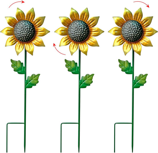 WAIU Metal Sunflower Flower Garden Stakes, Wind Catcher Spinner Garden Stakes, Garden Windmill Stakes Outdoor Wind Catchers, Yard Decor Stakes, Set of 3