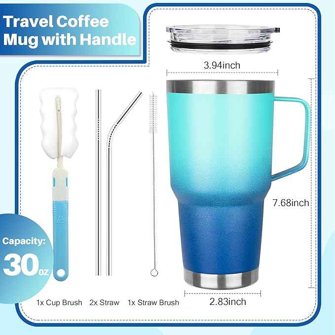 30 oz Stainless Steel Tumbler with Handle, Double Wall Vacuum Insulated Coffee Mug with Lid and Straw, Thermal Cup for Cold and Hot (Light Dark Blue)