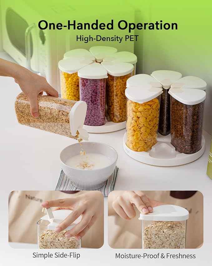 Ankou Rotating Food Storage Containers Set of 6, 23oz (690ml) Clear PET Jars with Dual Pour Lids, 360° Lazy Susan Pantry Organizer for Snacks, Cereal, Nuts, Oats & Dry Foods, Kitchen Grain Dispenser