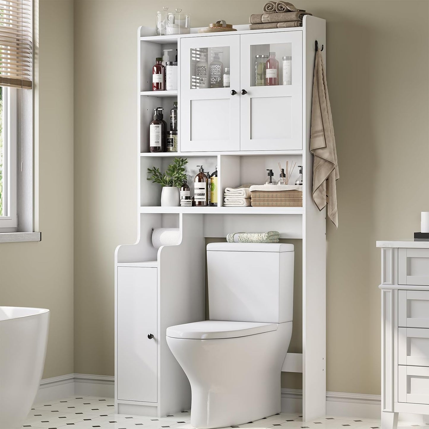 Itaar Over The Toilet Storage Cabinet, Over Toilet Bathroom Organizer with Glass Doors & Toilet Paper Holder Stand, Home Space-Saving Toilet Rack, for Bathroom, Restroom, Laundry(White) - Lumora Casa