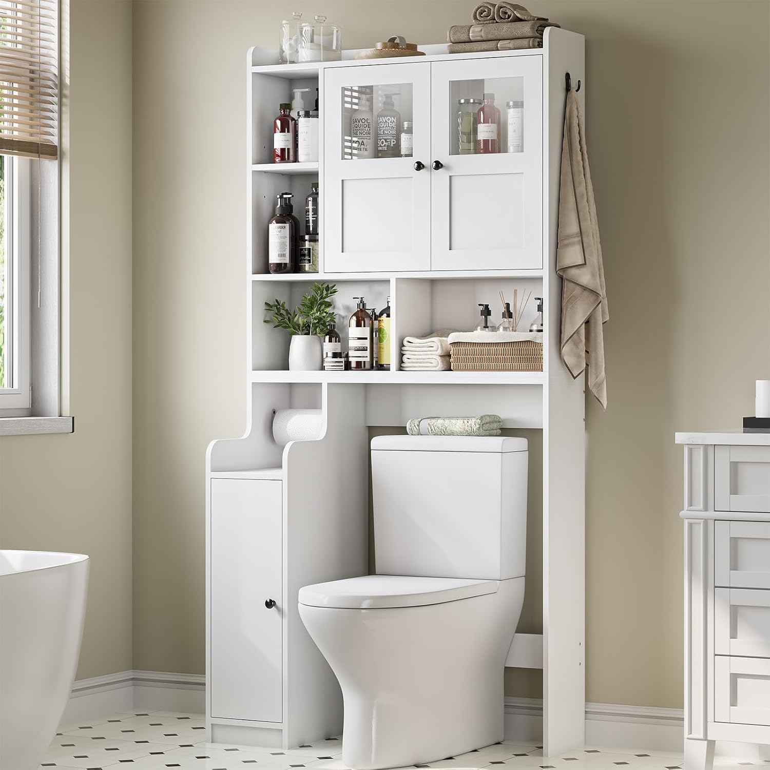 Itaar Over The Toilet Storage Cabinet, Over Toilet Bathroom Organizer with Glass Doors & Toilet Paper Holder Stand, Home Space-Saving Toilet Rack, for Bathroom, Restroom, Laundry(White) - Lumora Casa