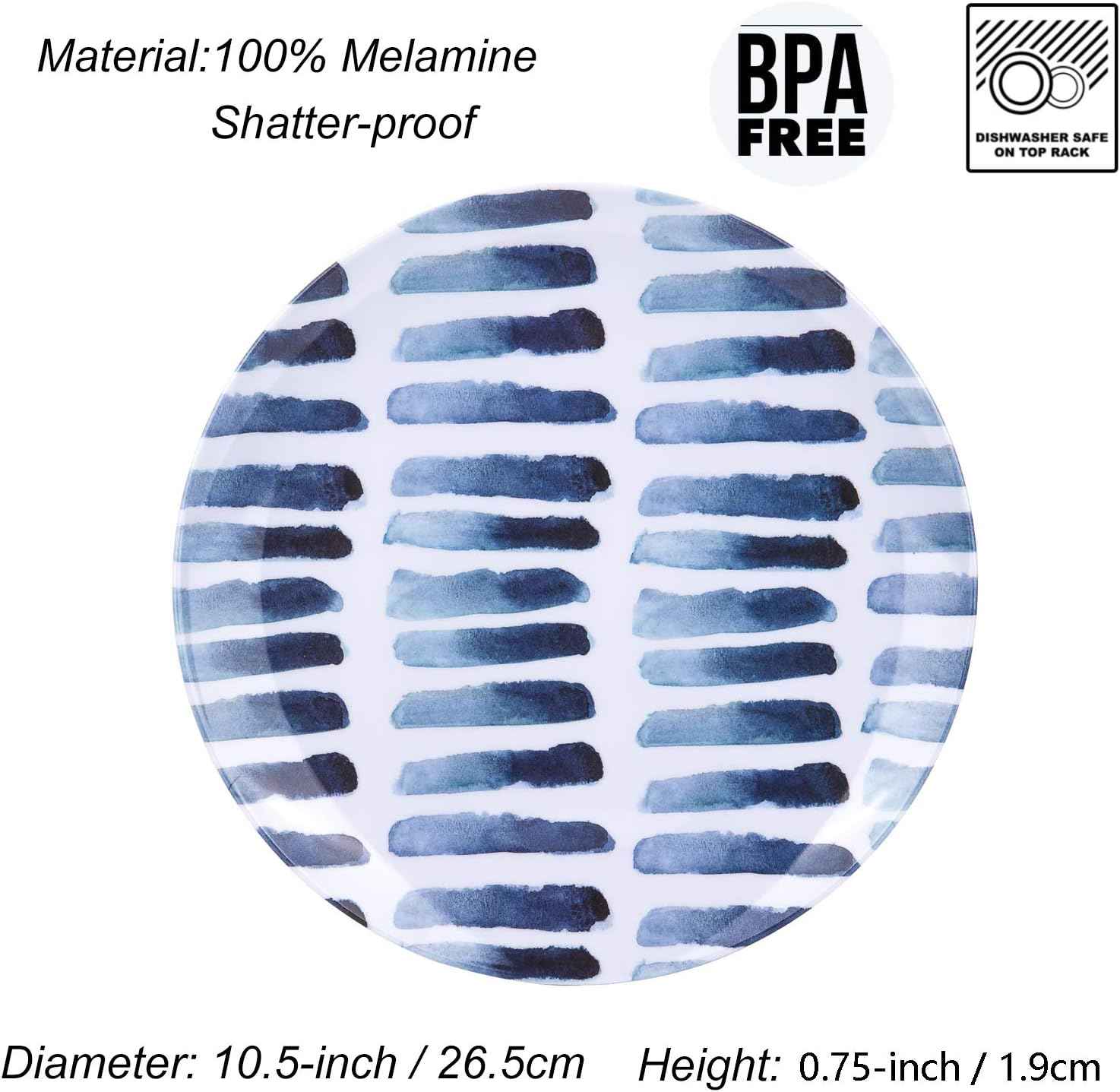 KX-WARE Blue Stripe Melamine Plates, 10.5-inch Dinner Plates set of 6