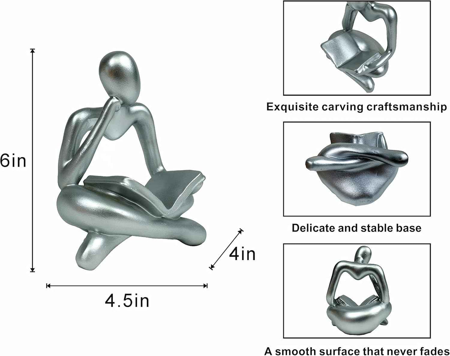 Thinker Statue - Silver Sculpture, Abstract Art, Women Figurine, Modern Decor Accents for Living Room, Office, Bookshelf