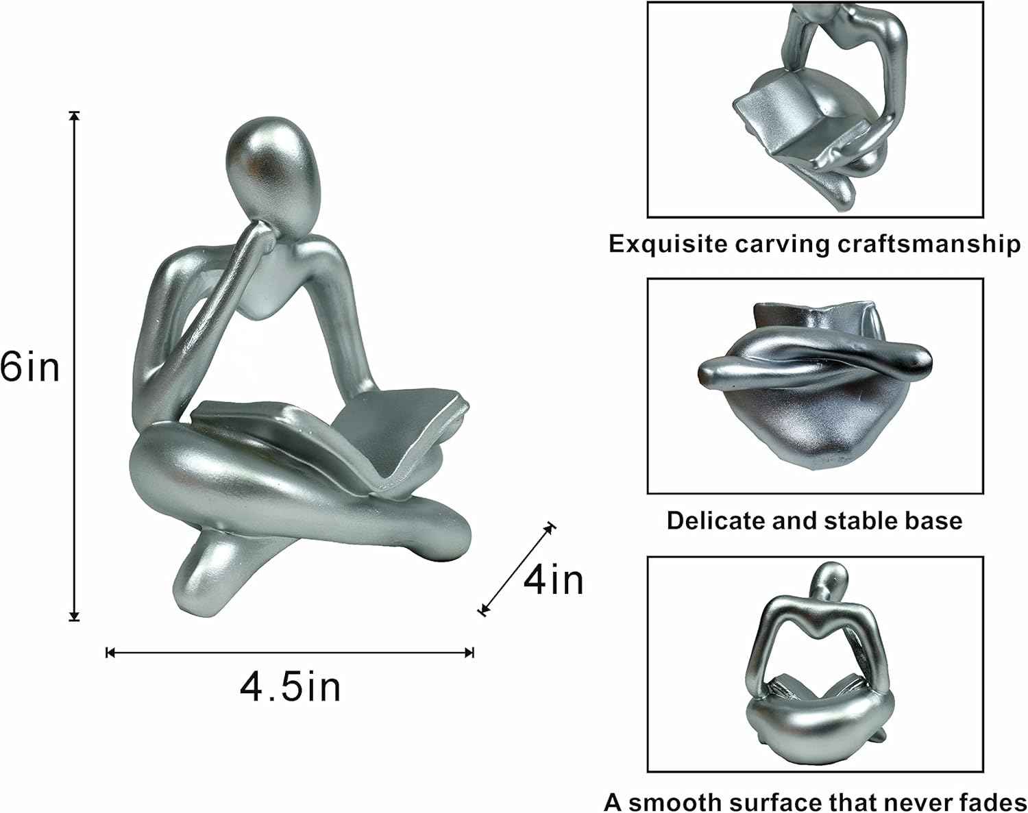 Thinker Statue - Silver Sculpture, Abstract Art, Women Figurine, Modern Decor Accents for Living Room, Office, Bookshelf