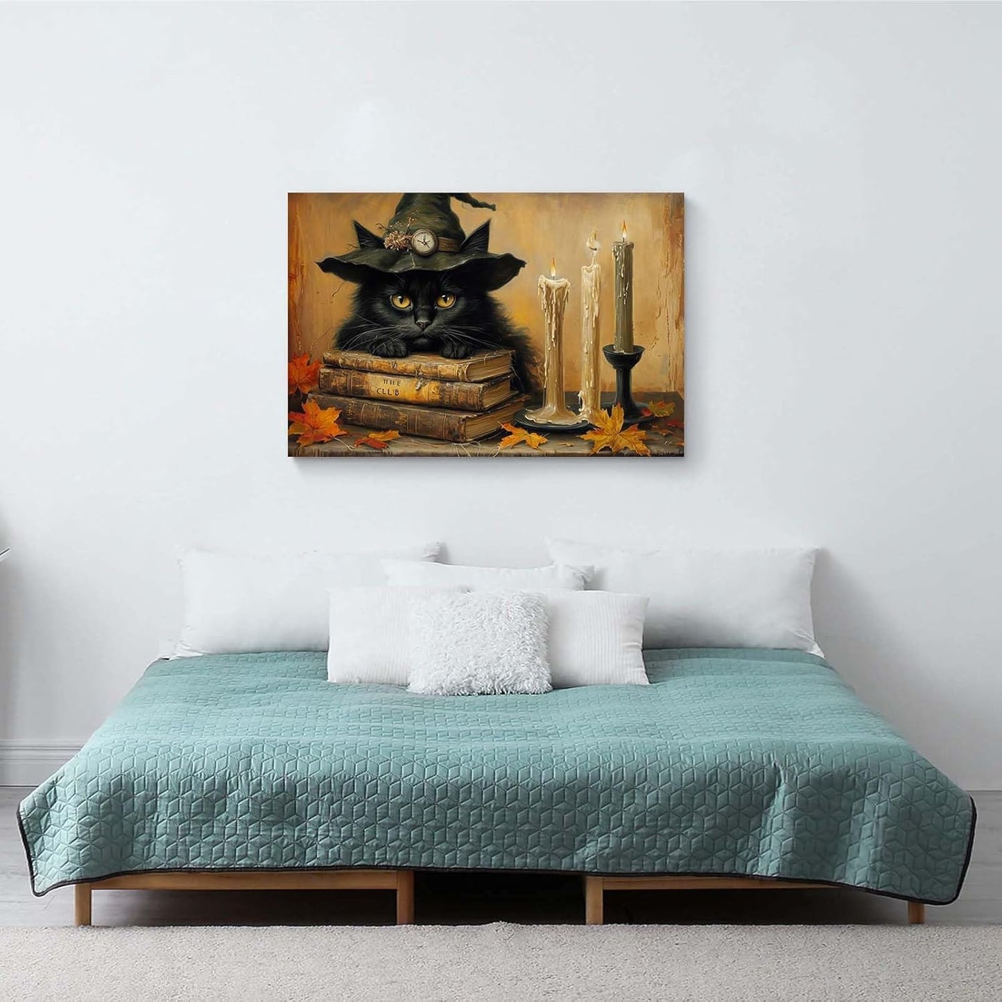 JFHCQJPK Vintage Halloween wall decoration black cat and magic book suitable for home bedroom living room decoration dark classic art witch wall decoration20x30in Frameless